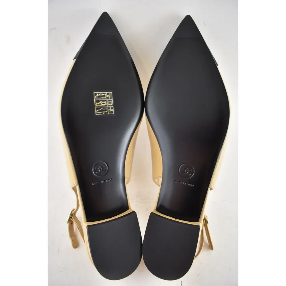 Chanel 24A Beige Leather Black CC Logo Coco Slingback Pointed Ballet Flat 38.5 - Picture 16 of 16